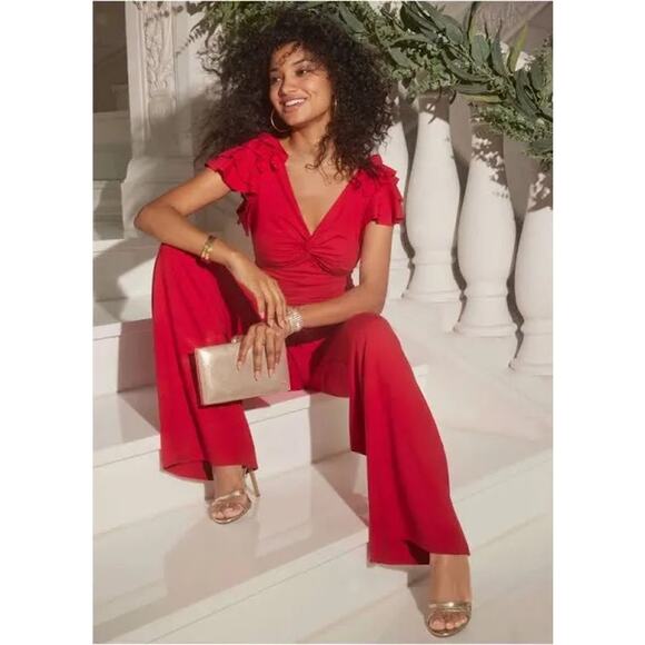 Venus Pants - Venus Red Jumpsuit Womens Size 4 Ruffle Sleeve Wide Leg V Neck Formal Party NWT